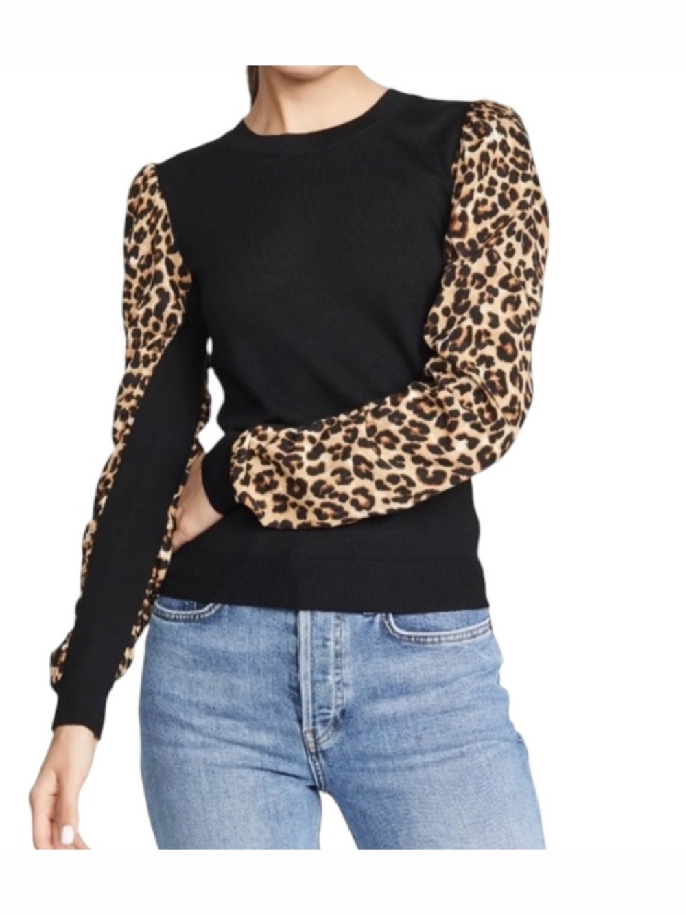 Veronica Beard Adler Leopard Print Puff Sleeve Sweater Top Women’s Size XS